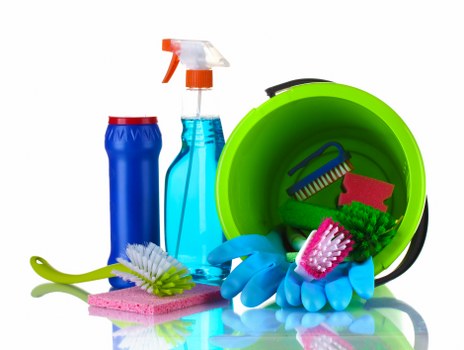Cleaning team member using safety equipment during a professional cleaning job